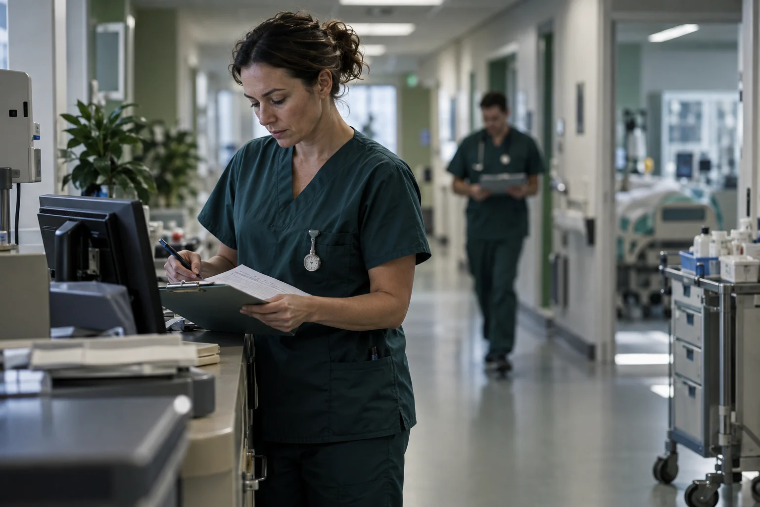 A care professional recording a paper handover at a hospital nursing station