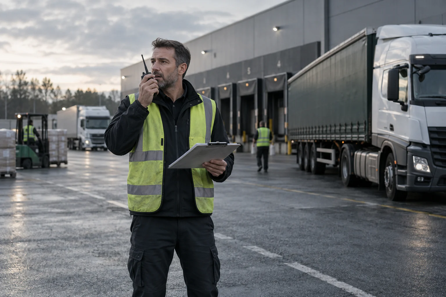A logistics coordinator using a radio and paper route plan at a freight loading yard